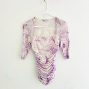 Ganni Purple Marble Ruched Stretchy Mesh Square Neck Top Small